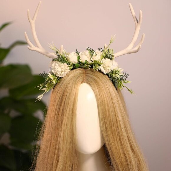 Handmade White Flower Antler Headpiece Woodland Reindeer Crown for Cosplay main image 5